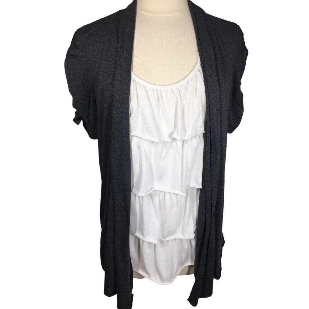 Per Seption Women Top 1X Gray Cardigan Over Attached Ruffle Tank Short Sleeve
